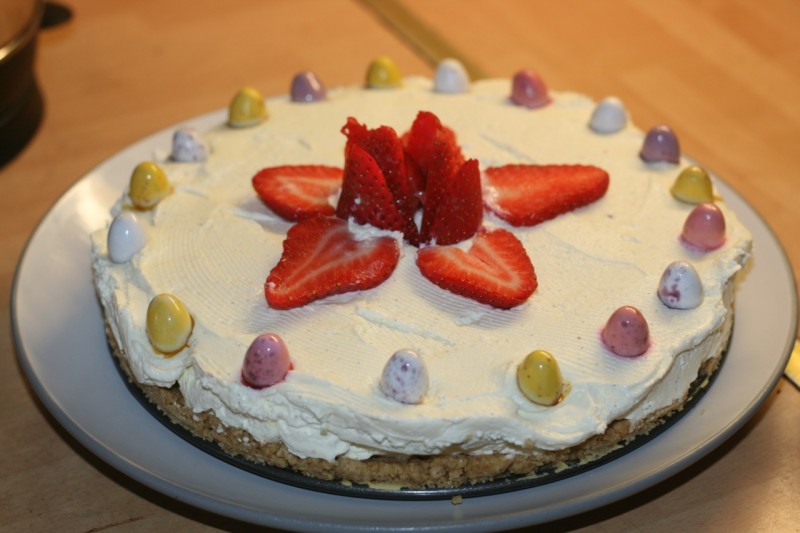 This is our homemade strawberry and mini egg cheesecake